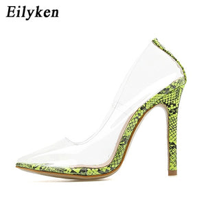 Transparent high heel pointie toe women shoes