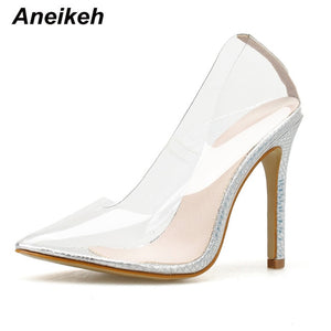 Aneikeh 2021 New Women Pumps PVC Transparent High Heels Sexy Pointed Toe Leopard Grain Party Shoes Lady Thin Heels Pumps Size 42