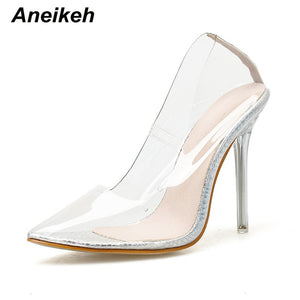 Aneikeh 2021 New Women Pumps PVC Transparent High Heels Sexy Pointed Toe Leopard Grain Party Shoes Lady Thin Heels Pumps Size 42