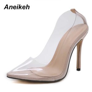 Aneikeh 2021 New Women Pumps PVC Transparent High Heels Sexy Pointed Toe Leopard Grain Party Shoes Lady Thin Heels Pumps Size 42