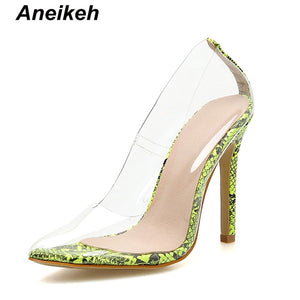 Aneikeh 2021 New Women Pumps PVC Transparent High Heels Sexy Pointed Toe Leopard Grain Party Shoes Lady Thin Heels Pumps Size 42