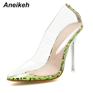 Aneikeh 2021 New Women Pumps PVC Transparent High Heels Sexy Pointed Toe Leopard Grain Party Shoes Lady Thin Heels Pumps Size 42