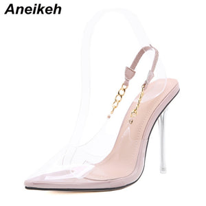 Aneikeh 2021 New Women Pumps PVC Transparent High Heels Sexy Pointed Toe Leopard Grain Party Shoes Lady Thin Heels Pumps Size 42