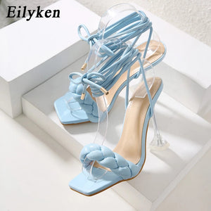 Eilyken 2022 New Summer Fashion Design Weave Women Sandals Transparent Strange High heels Ladies Sandals Open Toe Shoes