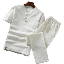 Load image into Gallery viewer, Mens linen set, loose casual trouser and short sleeved shirt