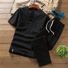 Load image into Gallery viewer, Mens linen set, loose casual trouser and short sleeved shirt