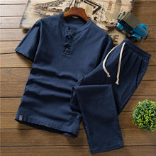 Load image into Gallery viewer, Mens linen set, loose casual trouser and short sleeved shirt