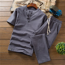 Load image into Gallery viewer, Mens linen set, loose casual trouser and short sleeved shirt