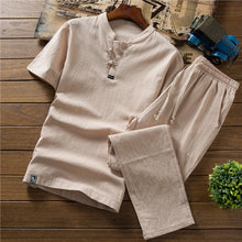 Load image into Gallery viewer, Mens linen set, loose casual trouser and short sleeved shirt