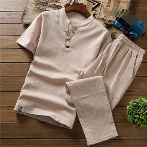 Mens linen set, loose casual trouser and short sleeved shirt