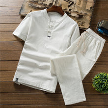 Load image into Gallery viewer, Mens linen set, loose casual trouser and short sleeved shirt