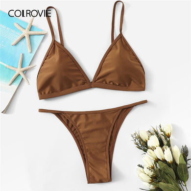 Women's Brown Triangle Bra Top With Tanga beach  Panties, Sexy Two Piece