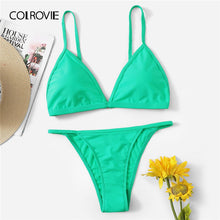 Load image into Gallery viewer, Women&#39;s light green triangle style bra string top with matching bikini panties, two piece set