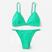 Load image into Gallery viewer, Women&#39;s light green triangle style bra string top with matching bikini panties, two piece set