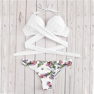 Women's Push Up bra wrap style Top With Flower Print Beach bikini panties, Two Piece Set