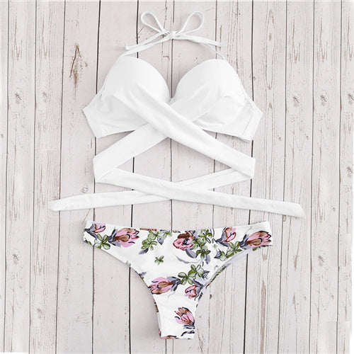 Women's Push Up bra wrap style Top With Flower Print Beach bikini panties, Two Piece Set