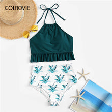 Load image into Gallery viewer, Women&#39;s solid colored Tie Top with Tropical bikini panties, two piece set