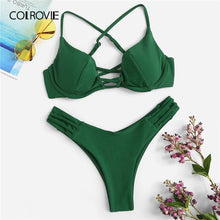 Load image into Gallery viewer, Women&#39;s green push up bra Top With mid cut beach thongs, two piece set