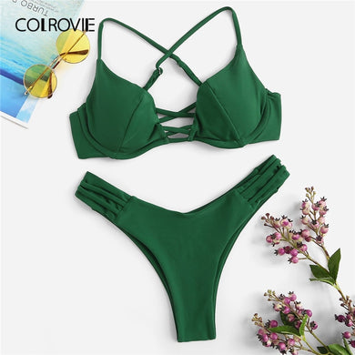 Women's green push up bra Top With mid cut beach thongs, two piece set