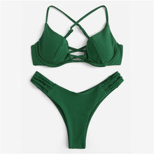 Load image into Gallery viewer, Women&#39;s green push up bra Top With mid cut beach thongs, two piece set