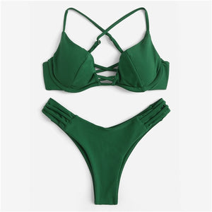 Women's green push up bra Top With mid cut beach thongs, two piece set