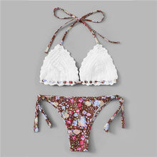 Load image into Gallery viewer, Women&#39;s floral and white tie top with matching floral tie sides bikini panties, two piece set