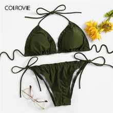 Load image into Gallery viewer, Women&#39;s dark green Bra top With Tie Sides bikini panties ,two piece set