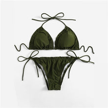 Load image into Gallery viewer, Women&#39;s dark green Bra top With Tie Sides bikini panties ,two piece set