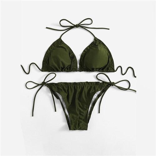 Women's dark green Bra top With Tie Sides bikini panties ,two piece set