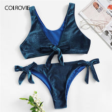 Load image into Gallery viewer, Women&#39;s Blue  Velvet Tie Bow Knot  Bra With Tie Sides Bikini panties, two piece Set