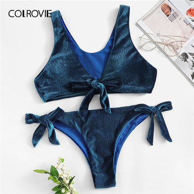 Women's Blue  Velvet Tie Bow Knot  Bra With Tie Sides Bikini panties, two piece Set