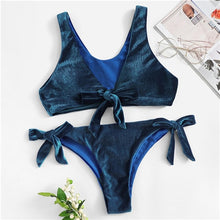 Load image into Gallery viewer, Women&#39;s Blue  Velvet Tie Bow Knot  Bra With Tie Sides Bikini panties, two piece Set