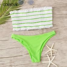 Load image into Gallery viewer, Women&#39;s white and green Striped Top With Neon Lime Bikini panties, two piece set