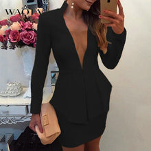 Load image into Gallery viewer, WAQIA 2019 New Fashion Spring Suits Sexy Sheath V-Neck Above Knee Mini Skirt Full Sleeve Casual Coat Two Pieces Women Sets