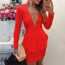 Load image into Gallery viewer, WAQIA 2019 New Fashion Spring Suits Sexy Sheath V-Neck Above Knee Mini Skirt Full Sleeve Casual Coat Two Pieces Women Sets