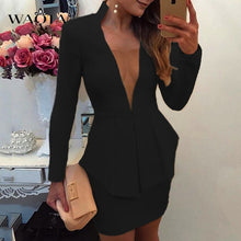 Load image into Gallery viewer, WAQIA 2019 New Fashion Spring Suits Sexy Sheath V-Neck Above Knee Mini Skirt Full Sleeve Casual Coat Two Pieces Women Sets