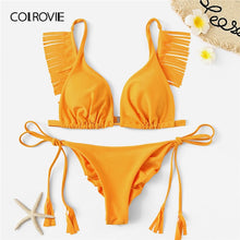 Load image into Gallery viewer, Women&#39;s Yellow Pleated Tassel Top With Tie Sides Bikini panties, two piece set