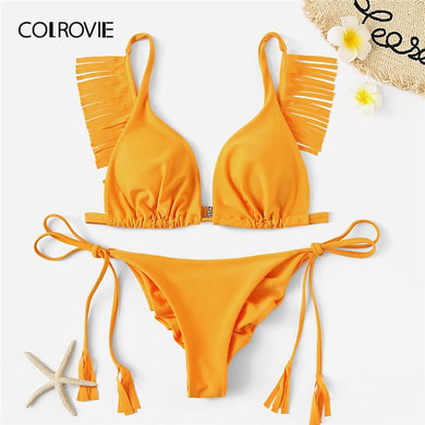 Women's Yellow Pleated Tassel Top With Tie Sides Bikini panties, two piece set