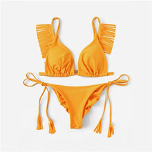 Load image into Gallery viewer, Women&#39;s Yellow Pleated Tassel Top With Tie Sides Bikini panties, two piece set