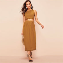 Load image into Gallery viewer, Women&#39;s Brown Sleeveless Top and long Skirt Set ,Two Piece  Ladies Vintage