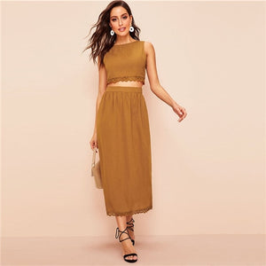 Women's Brown Sleeveless Top and long Skirt Set ,Two Piece  Ladies Vintage